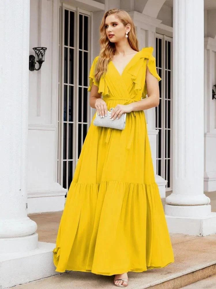 Numbersea Women's Open Back Formal Evening Party Prom Gowns V-Neck Long Chiffon Bridesmaid Dresses with Waist Belt 28038 by numbersea