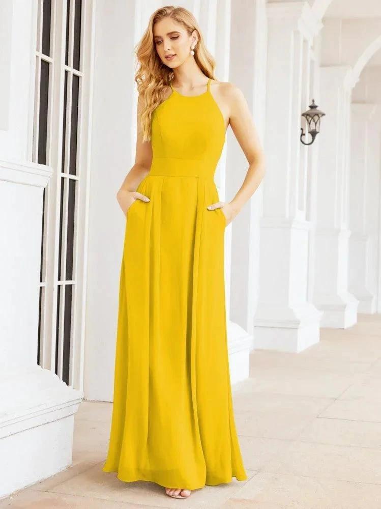 Numbersea Halter Bridesmaid Dresses with Pockets Sleeveless Formal Evening Party Prom Gowns 28055 by numbersea