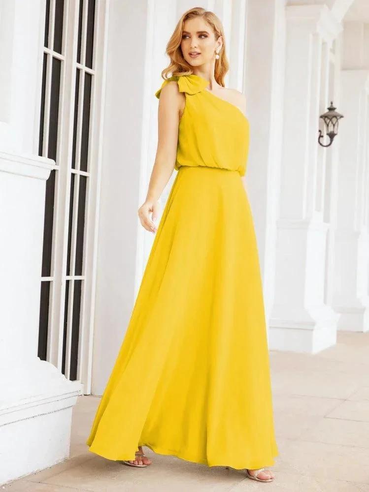 Numbersea Chiffon Ruffled One Shoulder Sleeveless Long Bride Dresses A-line Formal Evening Gown Side Split 28057 by numbersea