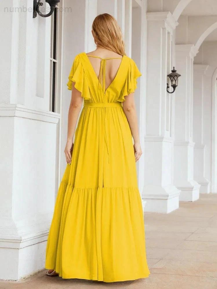 ZapDress Women's Open Back Formal Evening Party Prom Gowns V-Neck Long Chiffon Bridesmaid Dresses with Waist Belt 28038 (ZD17000)