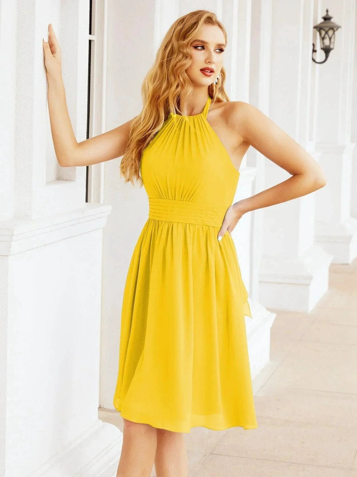 ZapDress Halter Chiffon Bridesmaid Dresses Short Sleeveless Formal Party Dress Open Back 28023 (ZD16957)