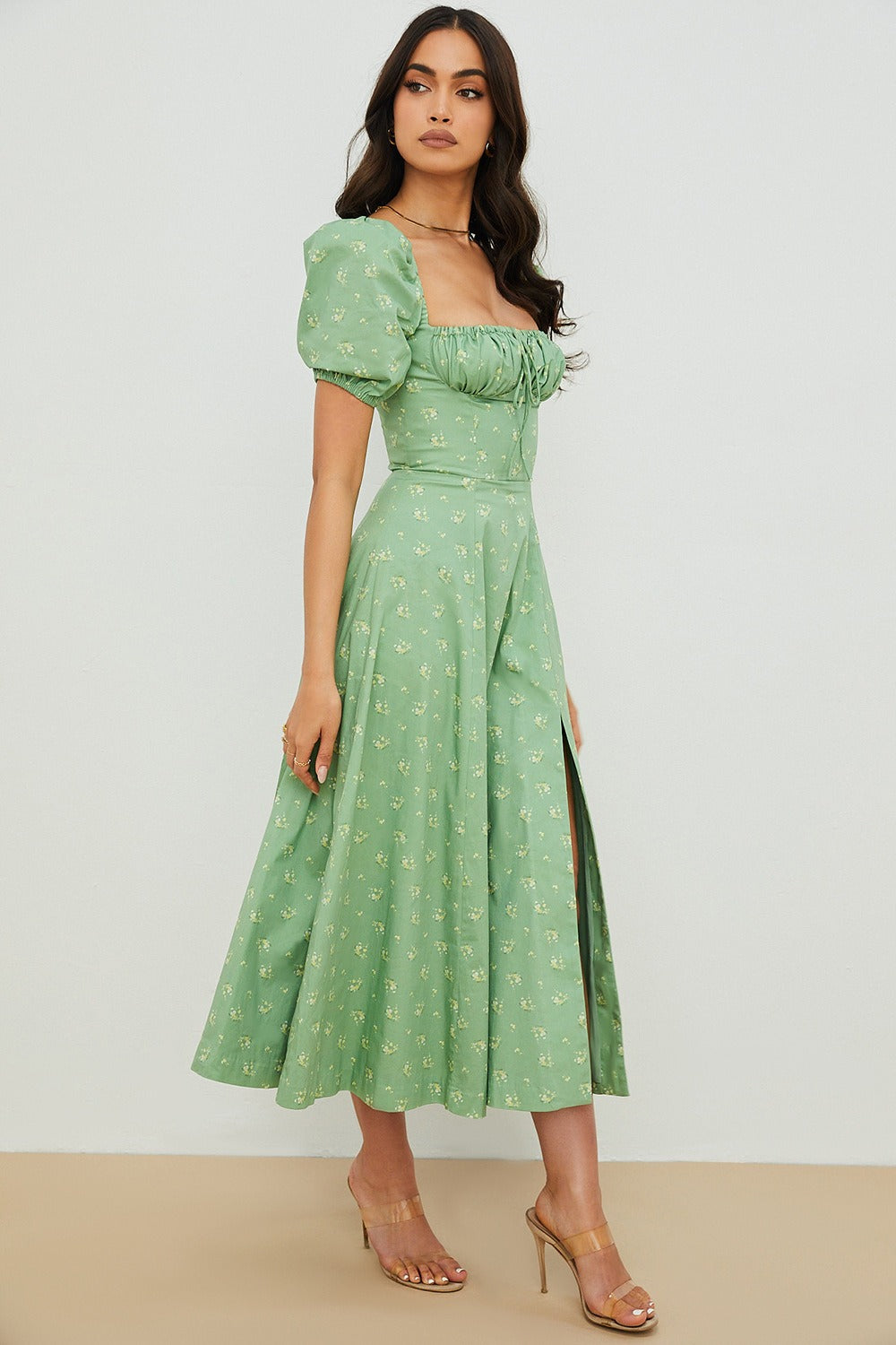 Puff Sleeve Wrap Slit Maxi Flower Dress