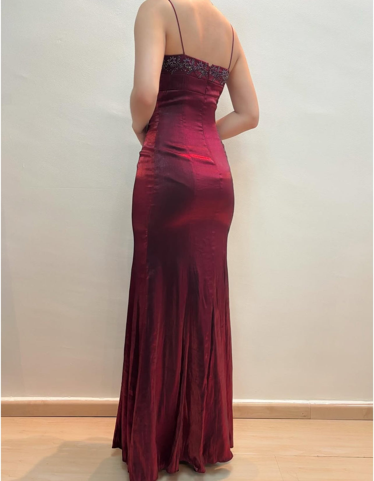 Spaghetti Straps Burgundy Long Prom Dress Beaded Vintage Dress