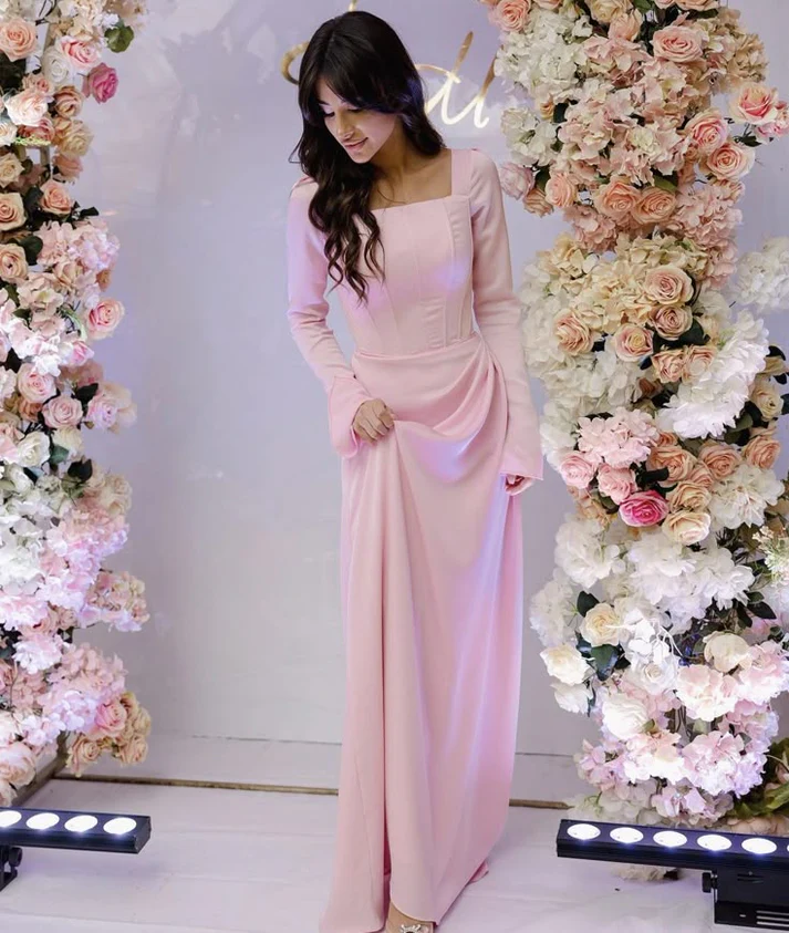 Pink Square Neck Long Sleeves Evening Dress Modest Party Dress