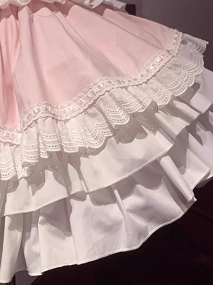 Cute Ball Gown Square Neckline Floral Lace Party Dresses Pink Birthday Outfits With Bowknots - View 3 | FashionDia