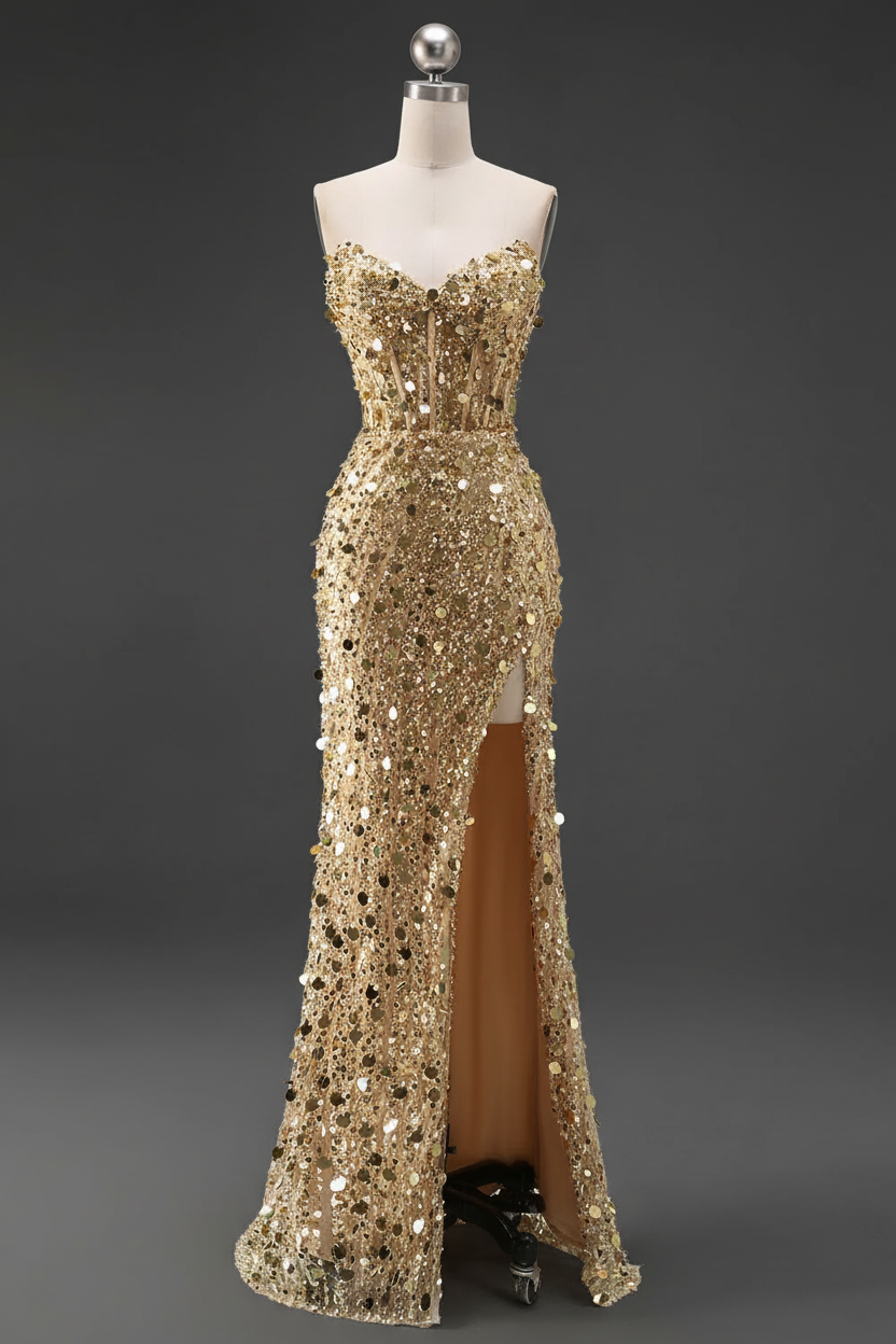 Sparkly Gold Mermaid Sequins Sweetheart Long Corset Prom Dress with Slit (ZD17394)