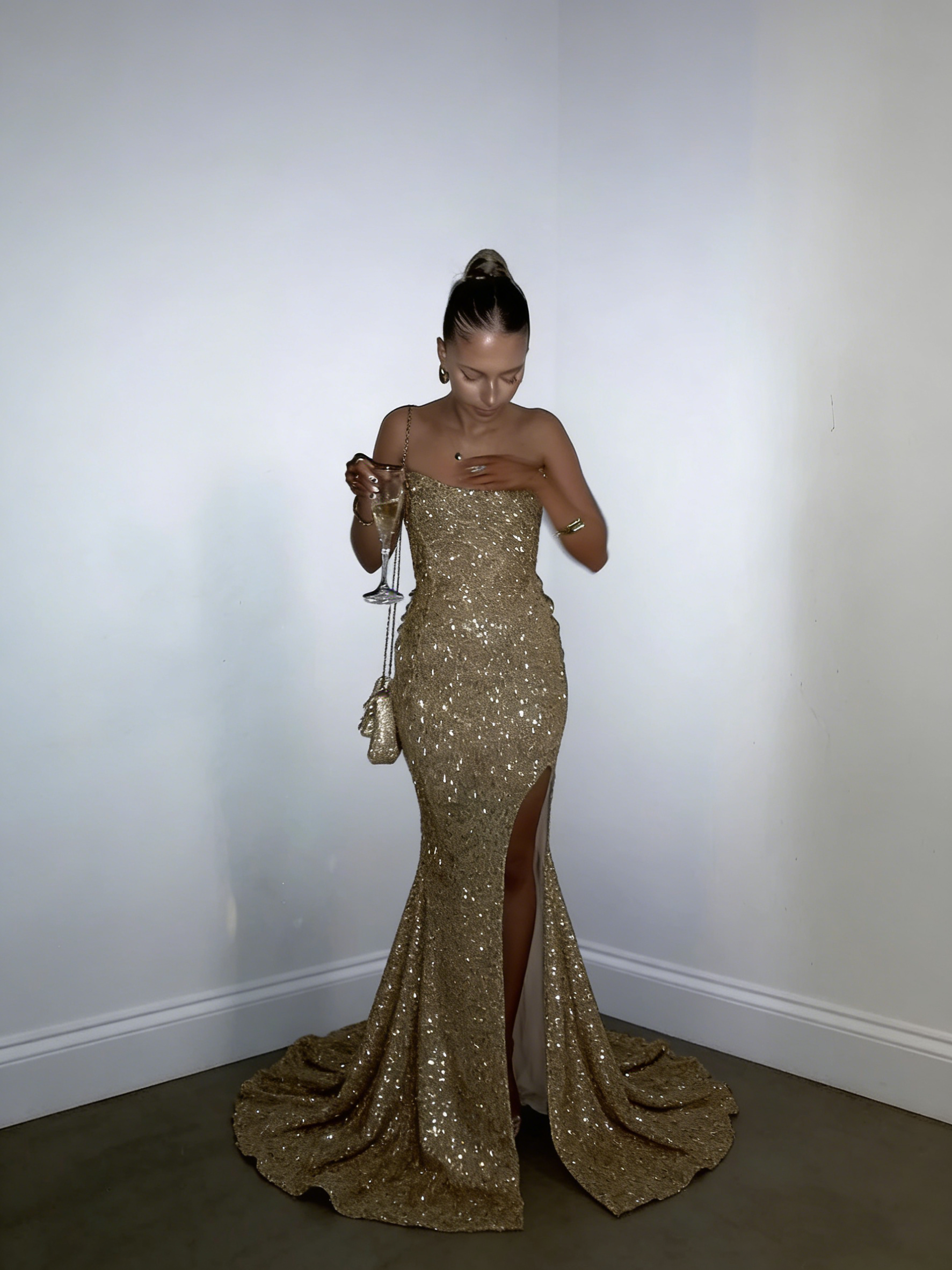 Sparkly Gold Strapless Sequin Mermaid Prom Dress Slit Long Party Dress