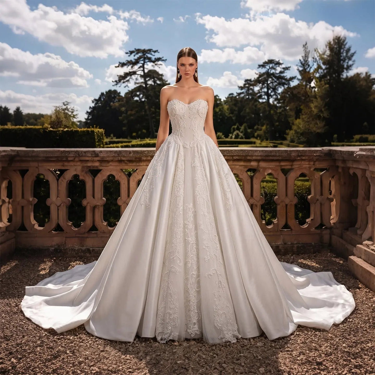 White Satin Strapless Wedding Dress Lace Appliques Sweetheart Neckline Ball Gown ZP010