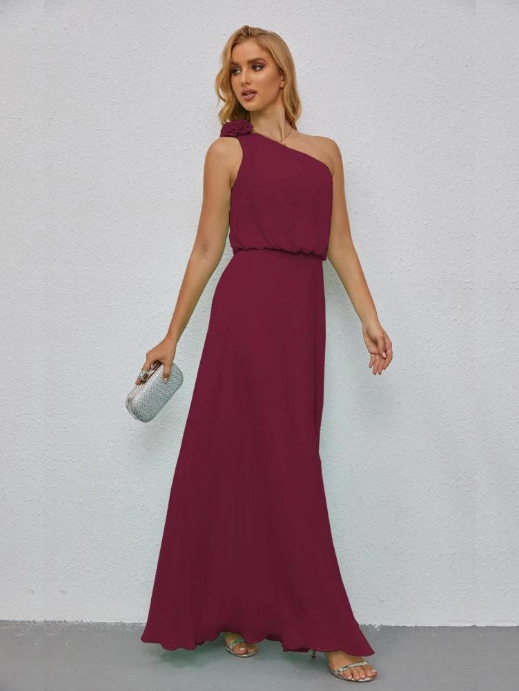 Ruffled One Shoulder Sleeveless Long Bridesmaid Dresses A-line Formal Evening Gown Side Split 28080 by numbersea