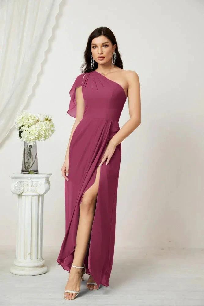 Numbersea Chiffon Ruffled One Shoulder Long Bridesmaid Dresses A-line Formal Evening Gown Side Split 2809 by numbersea