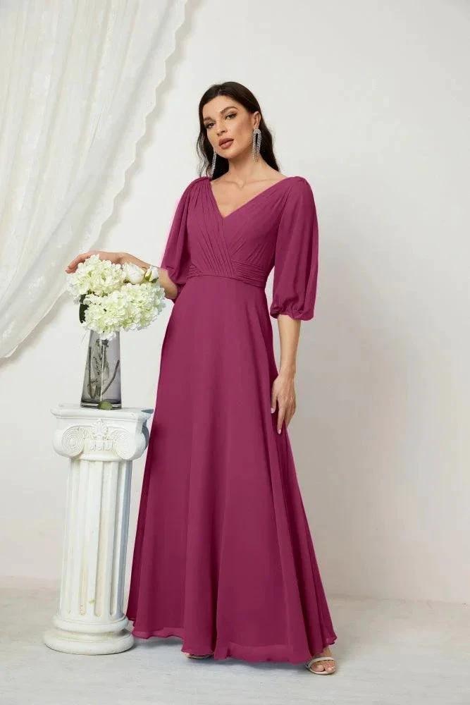 Numbersea Formal Prom Gown Women V-Neck Chiffon Bridesmaid Dresses Long Bishop Sleeve Party Dress 2807 by numbersea