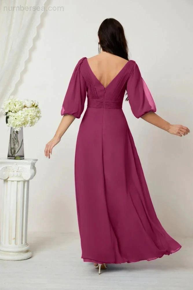 ZapDress  Formal Prom Gown Women V-Neck Chiffon Bridesmaid Dresses Long Bishop Sleeve Party Dress 2807 (ZD17027)