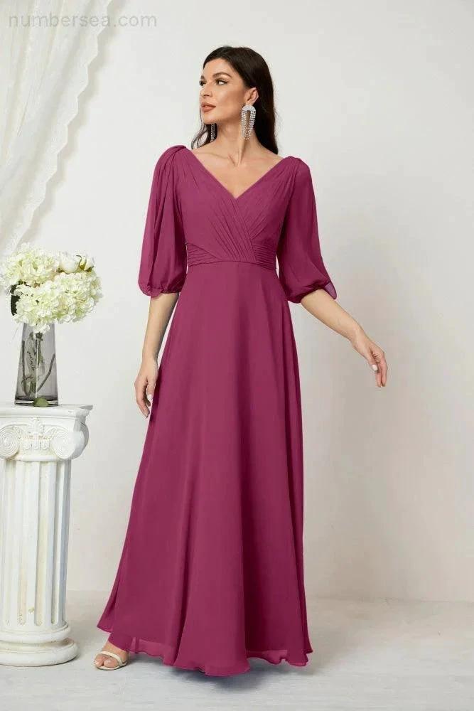ZapDress  Formal Prom Gown Women V-Neck Chiffon Bridesmaid Dresses Long Bishop Sleeve Party Dress 2807 (ZD17027)
