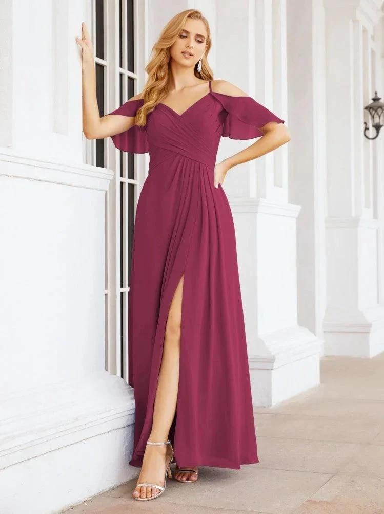 Numbersea Cold Shoulder Long Bridesmaid Dresses Side Slit Formal Prom Gowns Party Wedding 28070 by numbersea