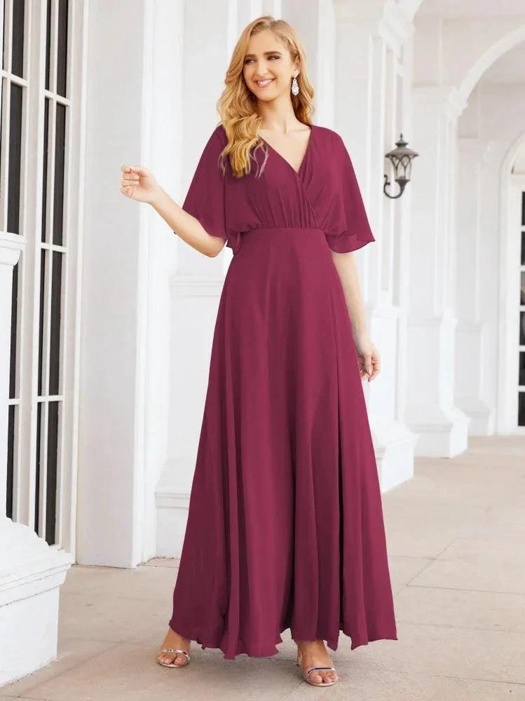 Numbersea V-Neck Bridesmaid Dress Chiffon Long Open Back Formal Dresses for Women Party Evening 28067 by numbersea