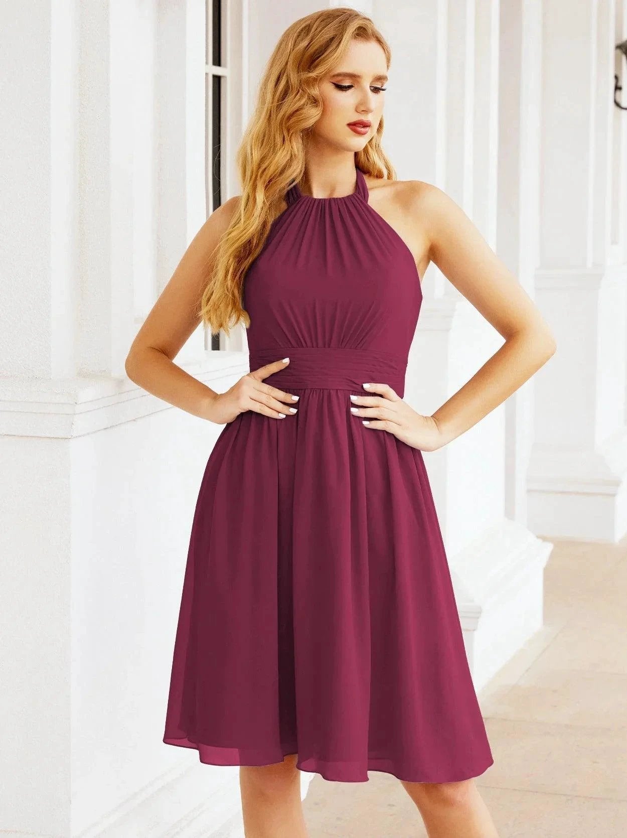ZapDress Halter Chiffon Bridesmaid Dresses Short Sleeveless Formal Party Dress Open Back 28023 (ZD16957)