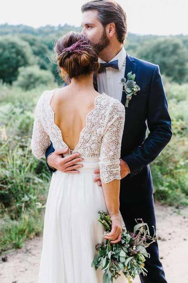 3/4 Sleeve See Through Backless Lace  Chiffon Wedding Dresses (ZD16034)
