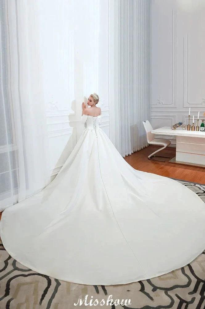3/4 Sleeves Off-the-Shoulder Ball Gown White Aline Wedding Dress (ZD13983)