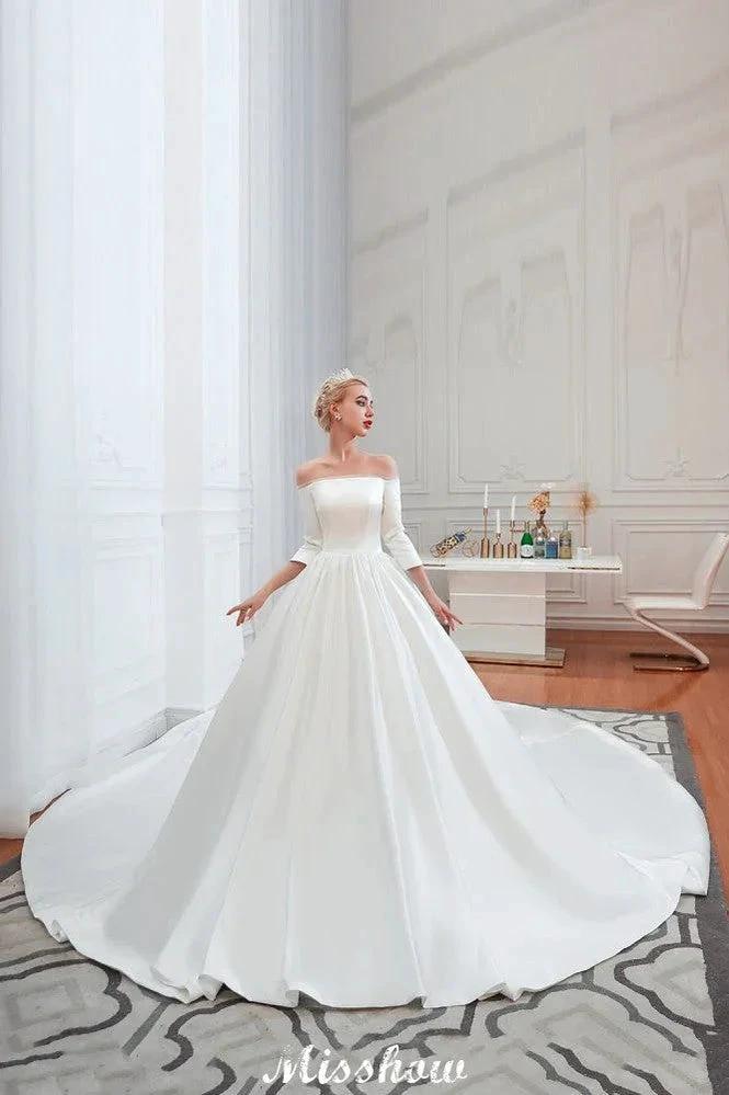 3/4 Sleeves Off-the-Shoulder Ball Gown White Aline Wedding Dress (ZD13983)