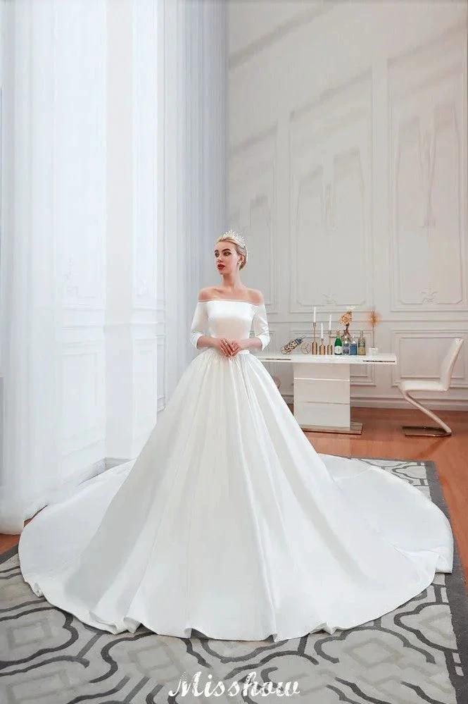 3/4 Sleeves Off-the-Shoulder Ball Gown White Aline Wedding Dress (ZD13983)