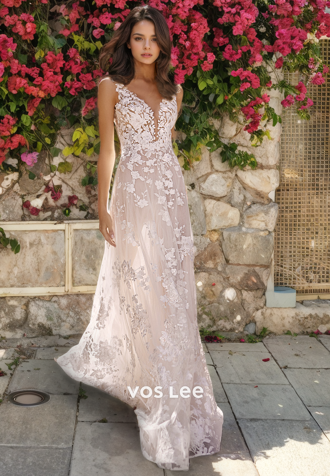 Boho A-Line Low-V-Neck Lace Wedding Dress/Beach Wedding Dress