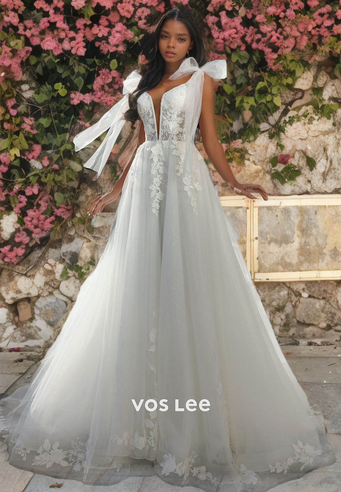 A-Line V-Neck Chapel Train Applique Lace Wedding Dress with Bows