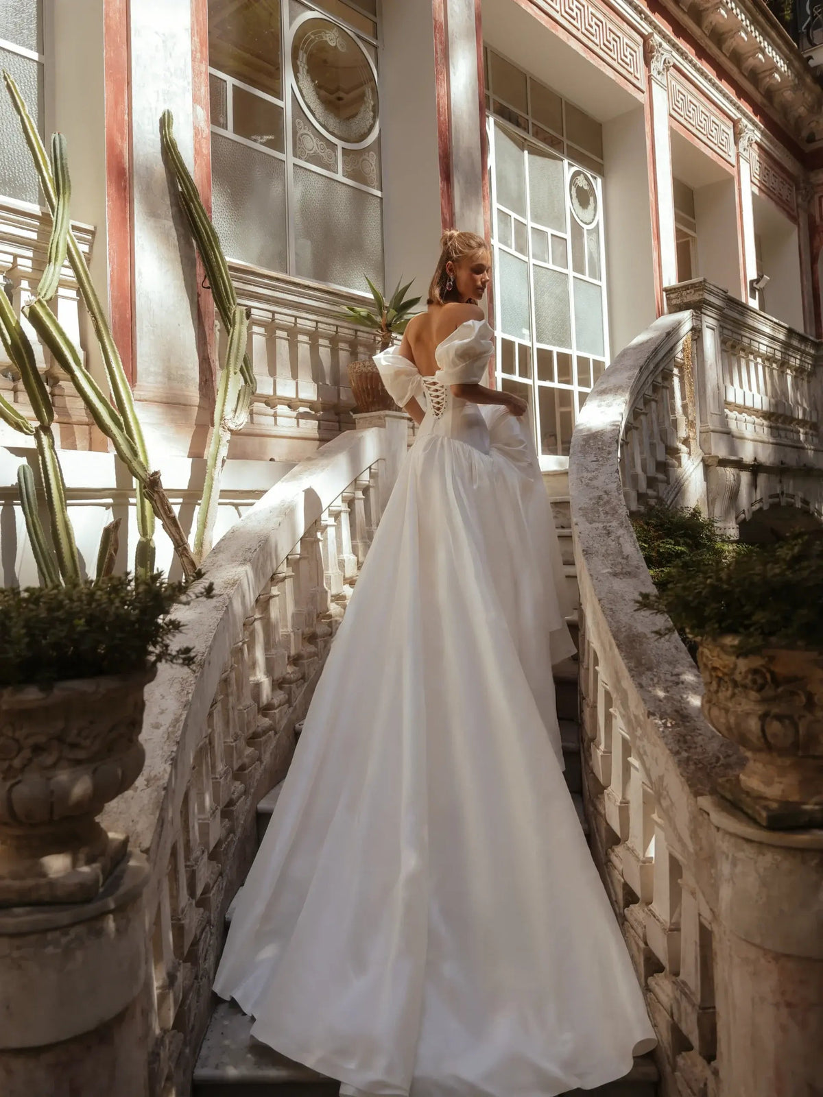 Romantic White Satin Off-the-Shoulder Puff Sleeve Ball Gown Wedding Dress ZP113