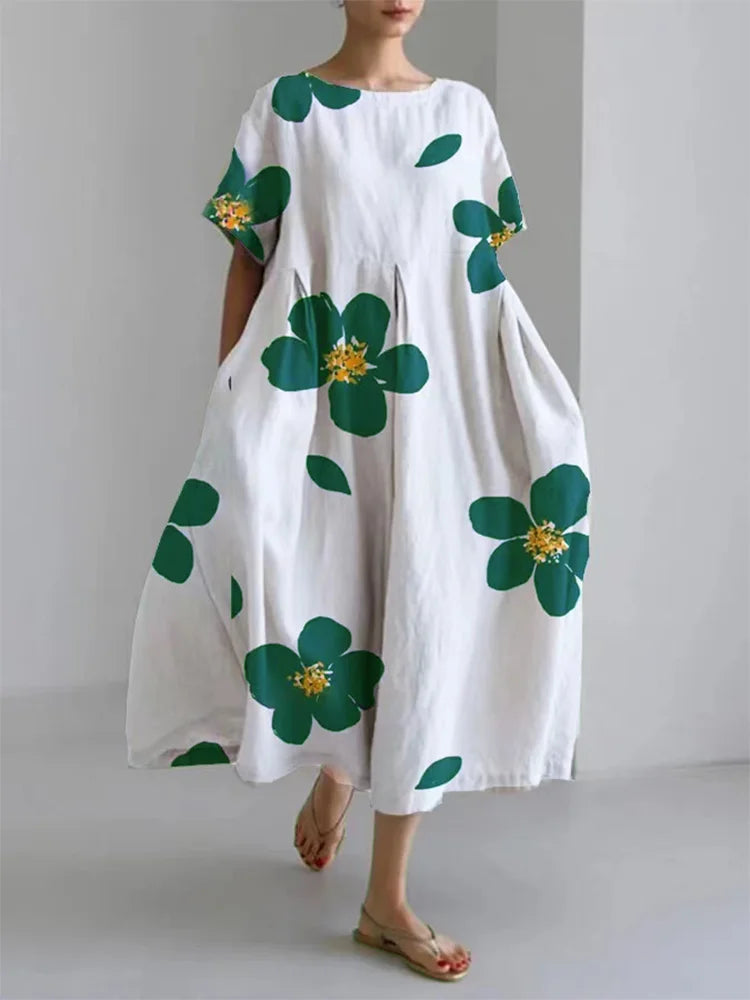 Nanda Effortless Women's Casual Loose Round Neck Floral Dress for Spring and Summer Evening Wear Edit