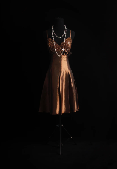 Spaghetti Strap Brown Short Prom Dress Sequin Evening Dress