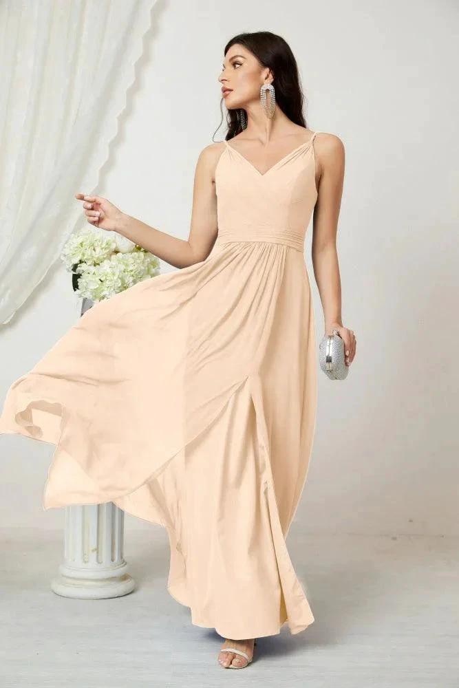 Numbersea Chiffon V-Neck Bridesmaid Dress Spaghetti Strap Long Formal Party Prom Gowns with Slit 28010 by numbersea