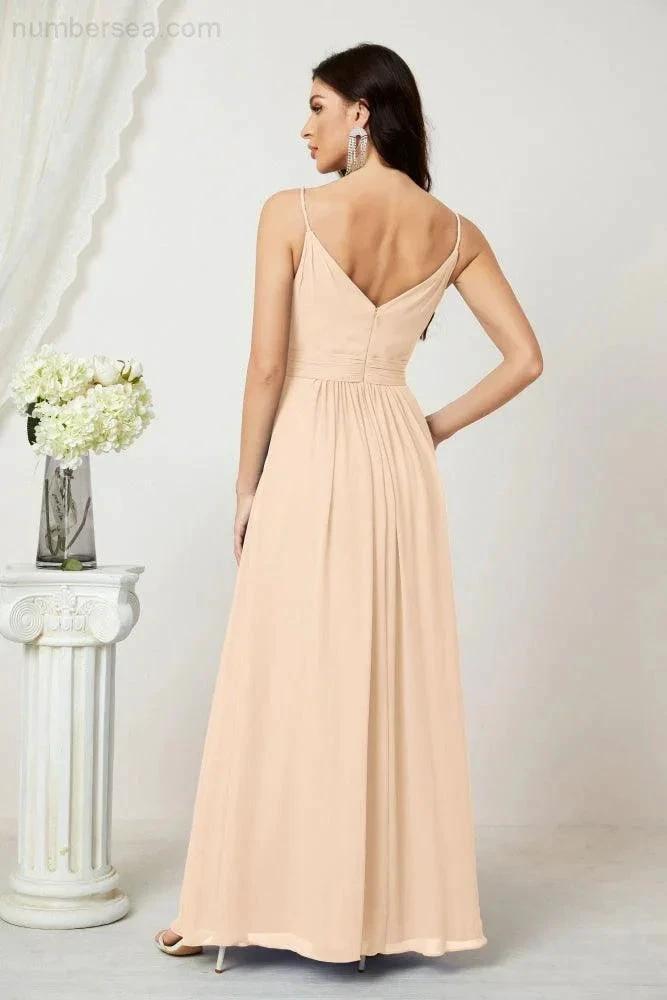 ZapDress Chiffon V-Neck Bridesmaid Dress Spaghetti Strap Long Formal Party Prom Gowns with Slit 28010 (ZD17028)