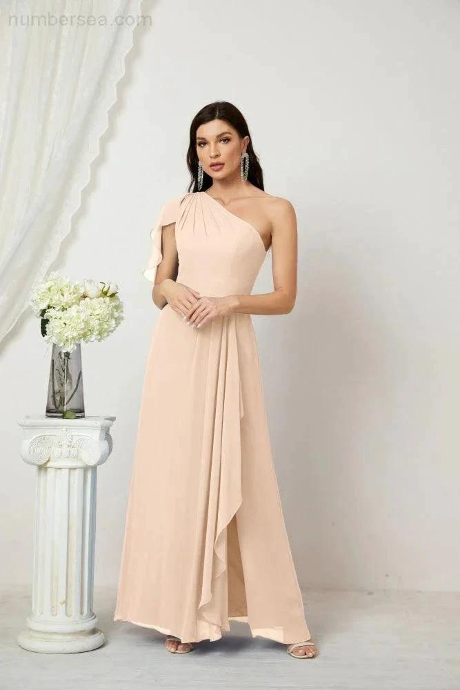 ZapDress  Chiffon Ruffled One Shoulder Long Bridesmaid Dresses A-line Formal Evening Gown Side Split 2809 (ZD17049)