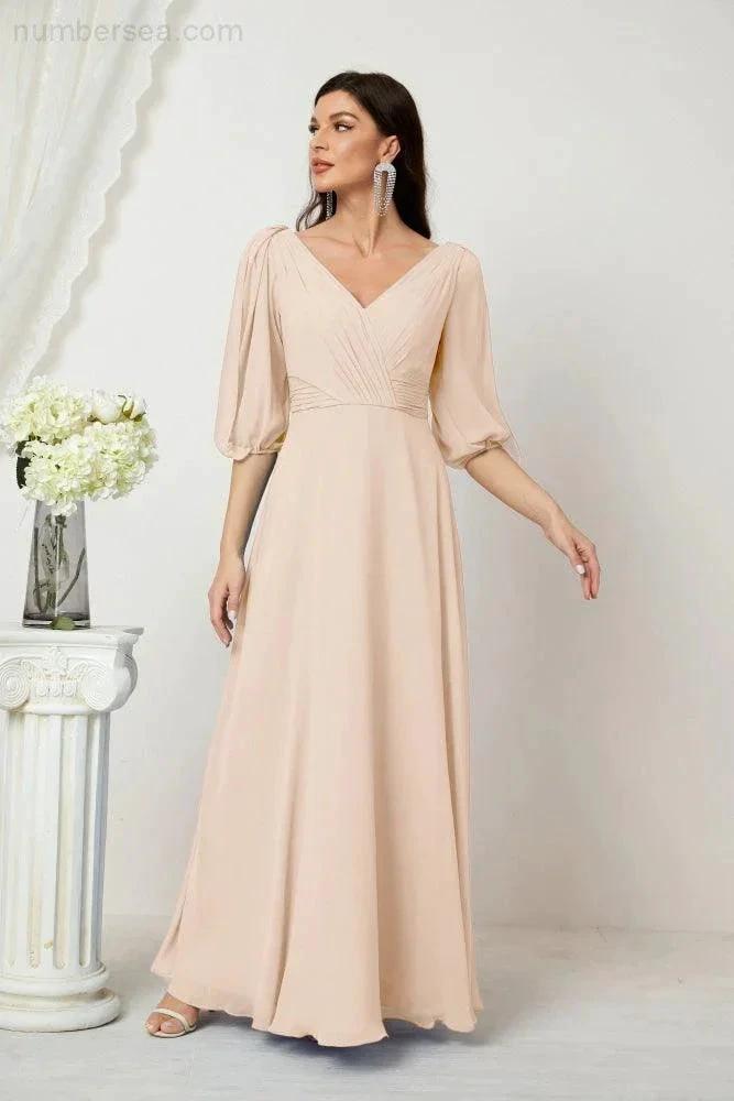 ZapDress  Formal Prom Gown Women V-Neck Chiffon Bridesmaid Dresses Long Bishop Sleeve Party Dress 2807 (ZD17027)