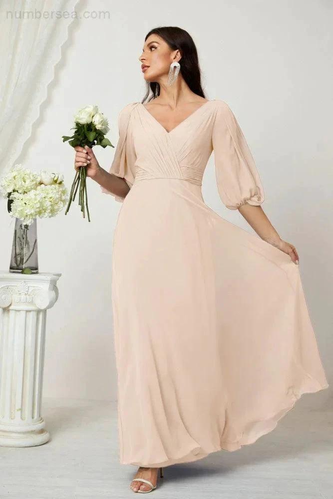 ZapDress  Formal Prom Gown Women V-Neck Chiffon Bridesmaid Dresses Long Bishop Sleeve Party Dress 2807 (ZD17027)