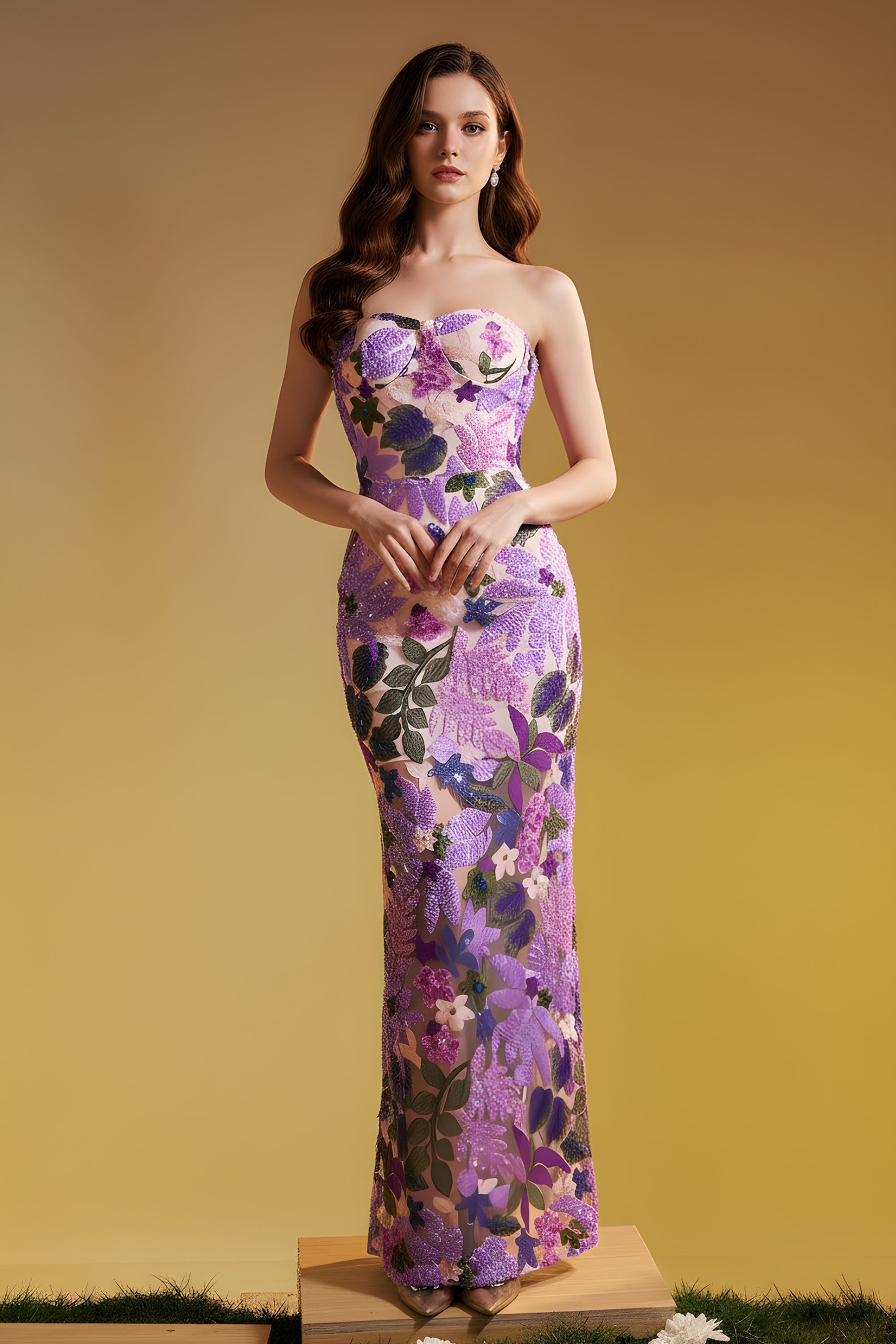 Strapless Sweetheart Floral Sequin Embellished Maxi Dress