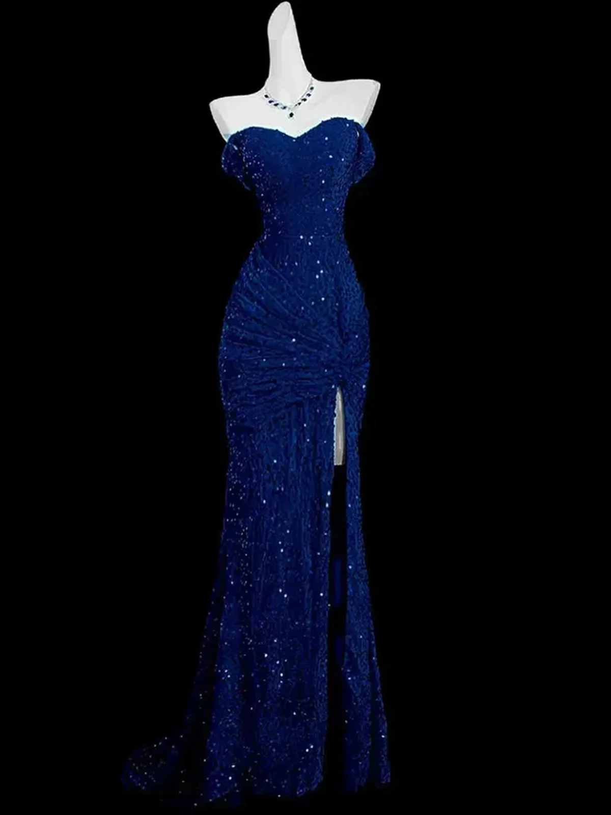 Blue Mermaid Sequins Sweetheart Prom Dress, Blue Off-the-Shoulder Party Dress - FashionDia