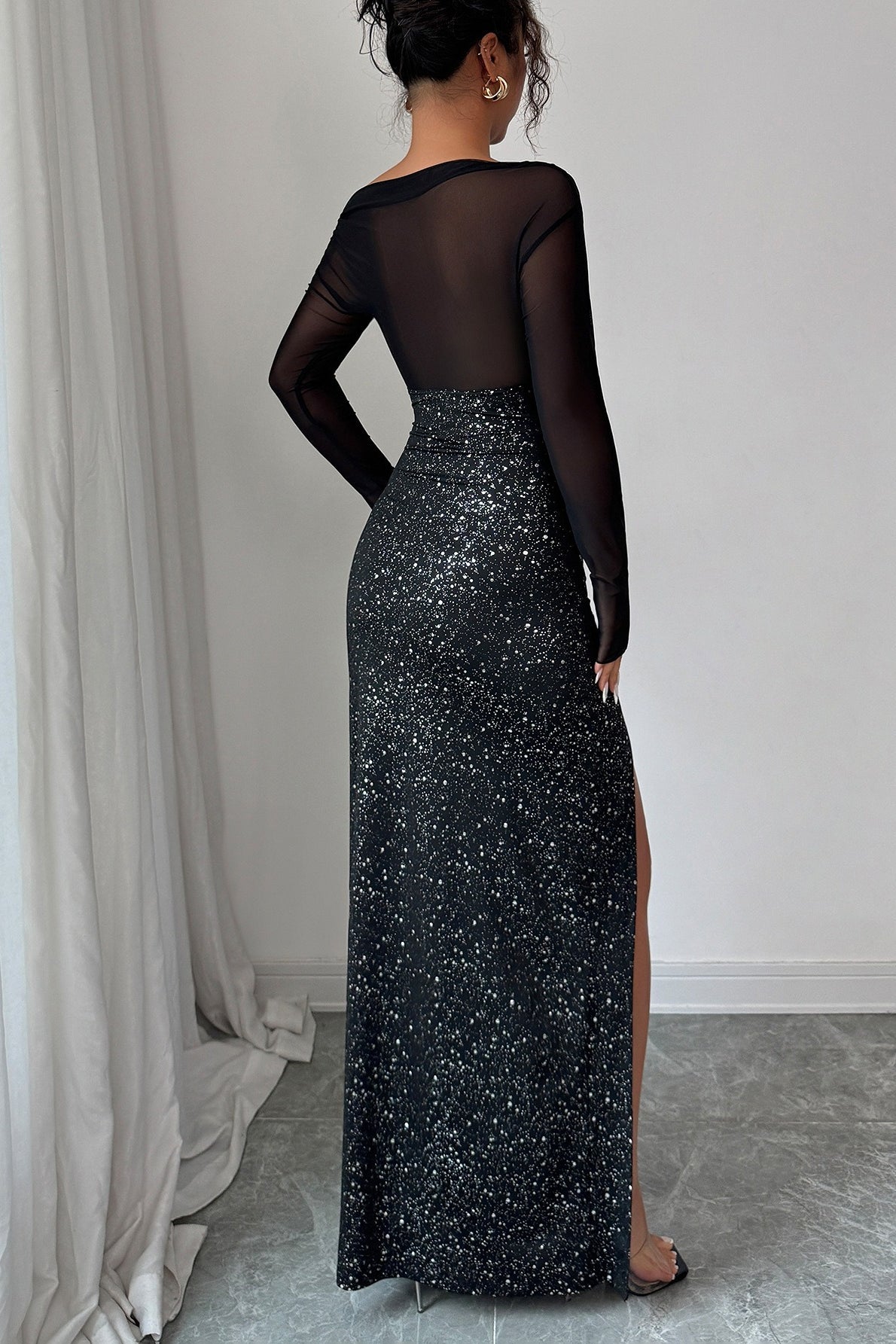 Elegant High Neck Long Sleeve Maxi Sequin Dress - View 4 | VelvetHem