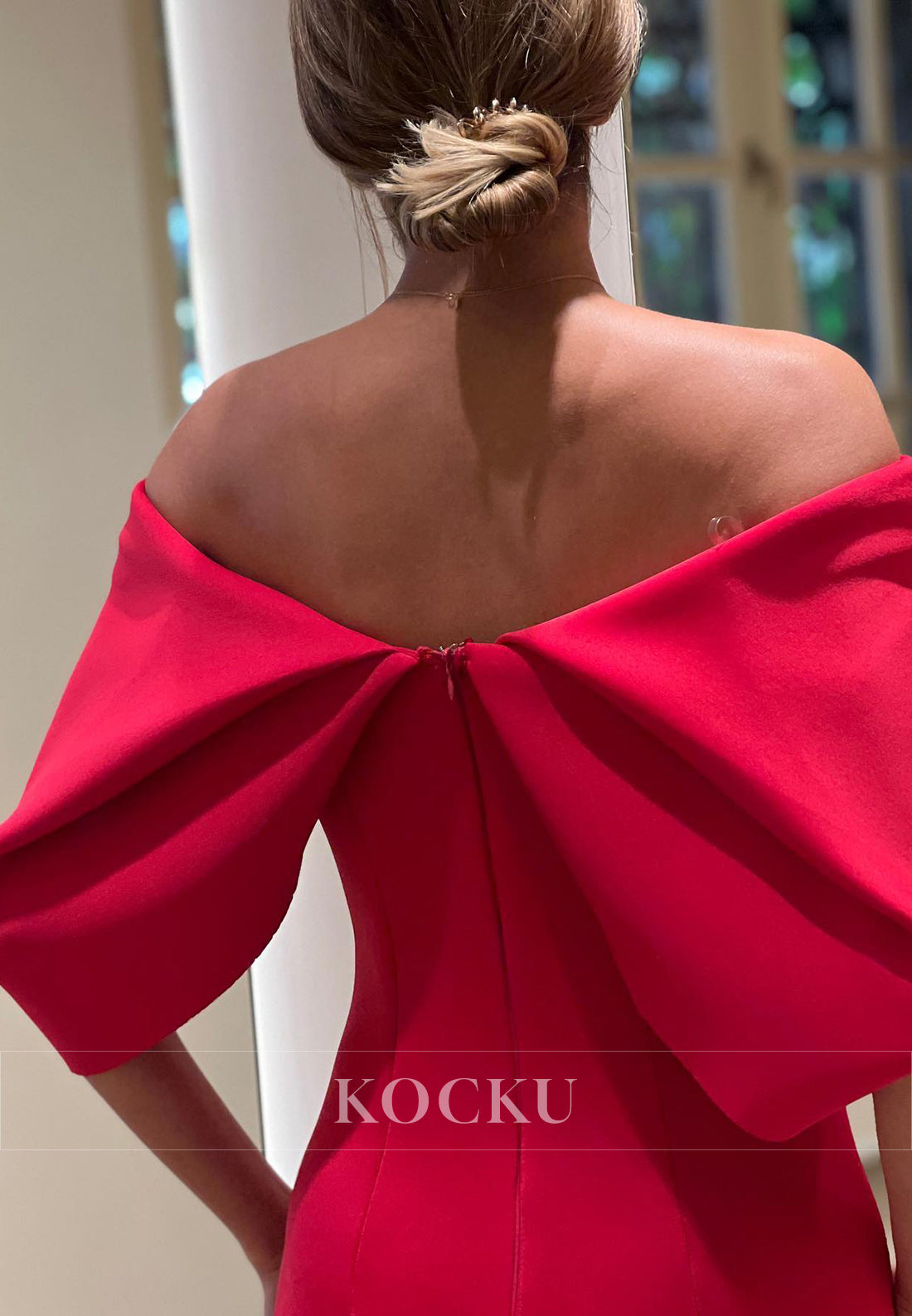 L3087 - Elegant & Simple  Off-Shoulder Sheath Split Cap Sleeves Satin Evening Party Prom Dress