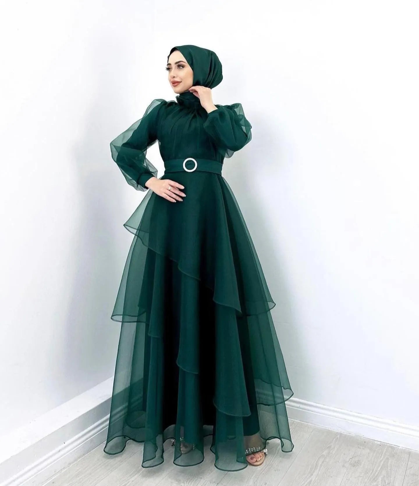 Organza Muslim Prom Dresses High Neck Long Sleeves Layered Women Party Gowns Ankle Length Formal Evening Dress Green