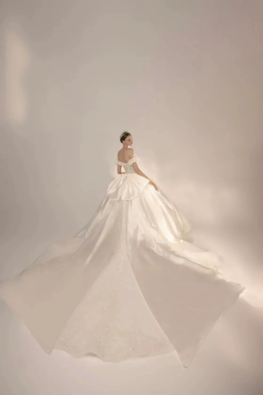 Opulent Ball Gown Off-the-Shoulder Satin Wedding Dress with Sequin Embroidery & Dramatic Train (ZD16915)