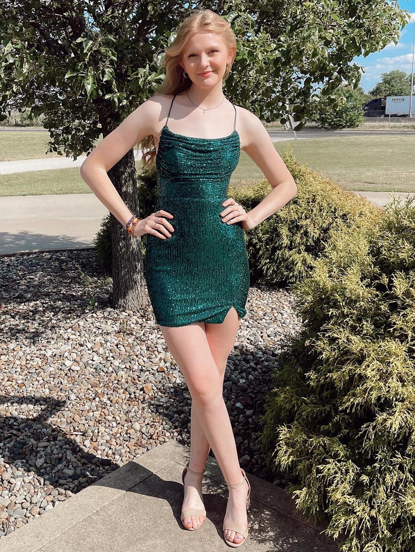 Sparkly Dark Green Lace Up Homecoming Short Dress - Fashionpara