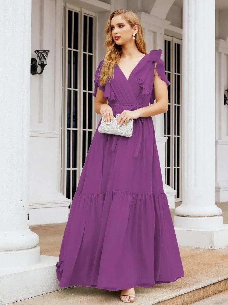 Numbersea Women's Open Back Formal Evening Party Prom Gowns V-Neck Long Chiffon Bridesmaid Dresses with Waist Belt 28038 by numbersea