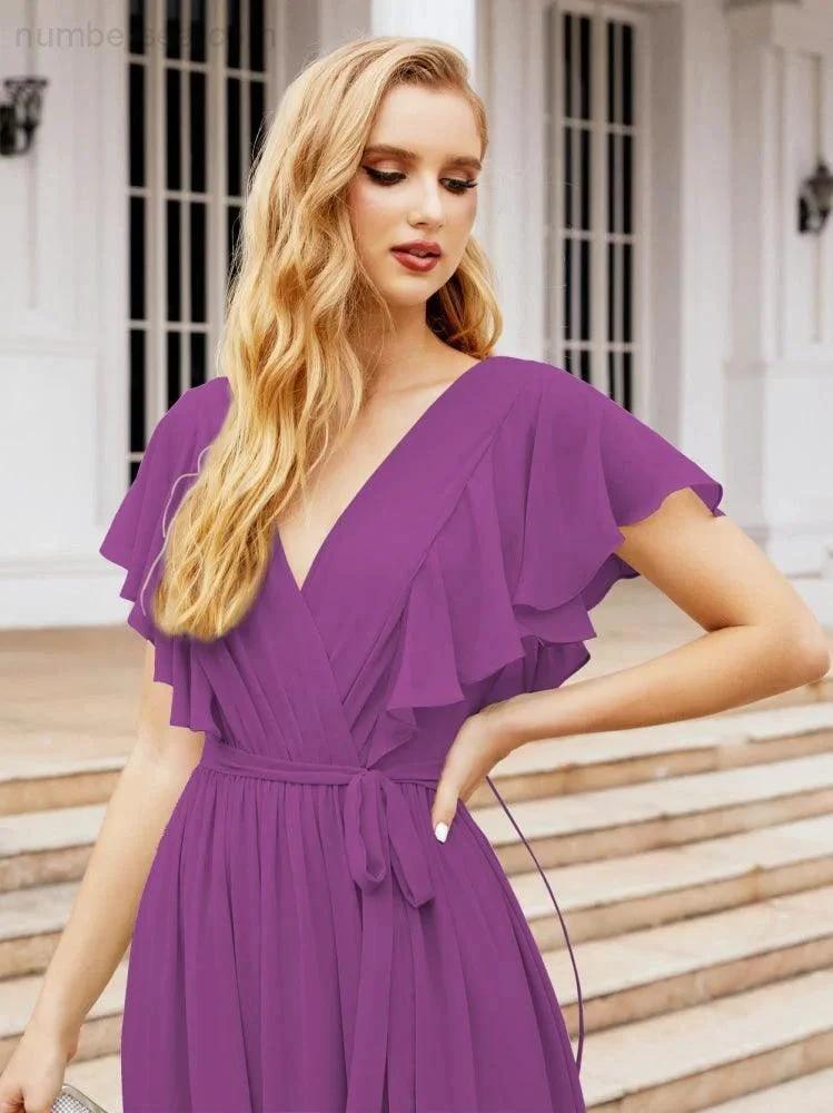 ZapDress Women's Open Back Formal Evening Party Prom Gowns V-Neck Long Chiffon Bridesmaid Dresses with Waist Belt 28038 (ZD17000)