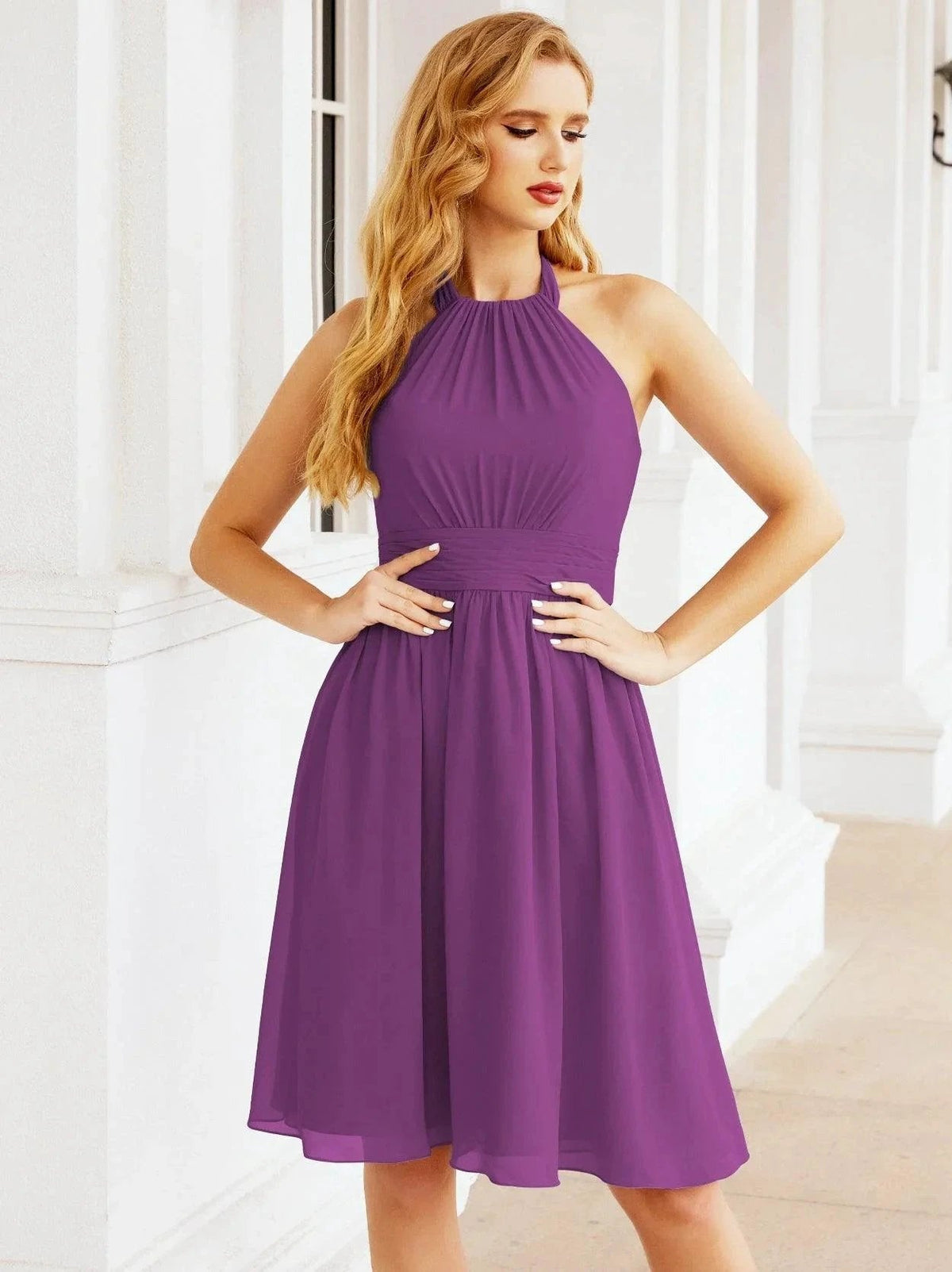 ZapDress Halter Chiffon Bridesmaid Dresses Short Sleeveless Formal Party Dress Open Back 28023 (ZD16957)