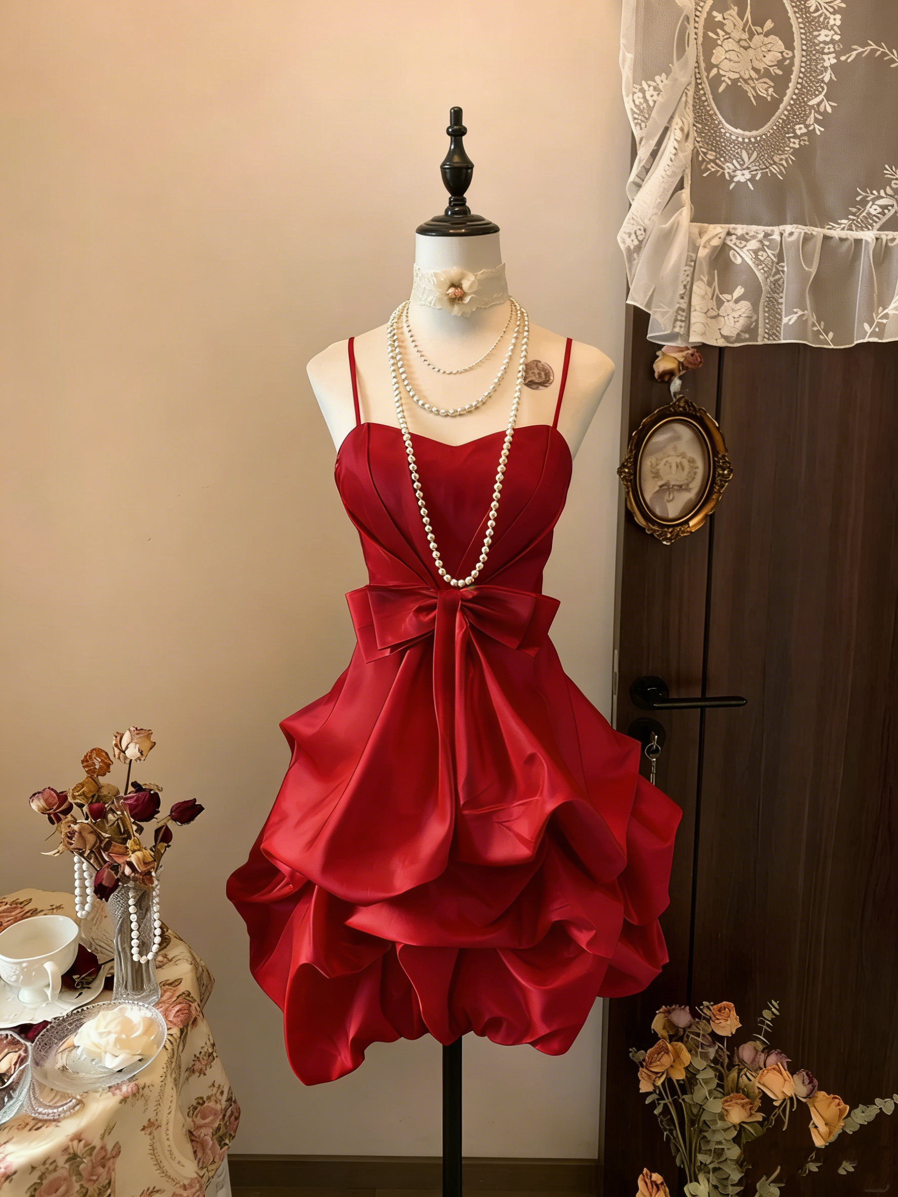 Vintage Yellow Spaghetti Straps Satin Pleated Short Prom Dress Formal Graduation Homecoming Dress D496