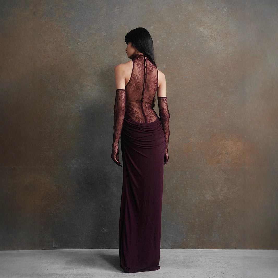 Lace Patchwork Deep V Ruched Prom Dress - View 3 | VelvetHem