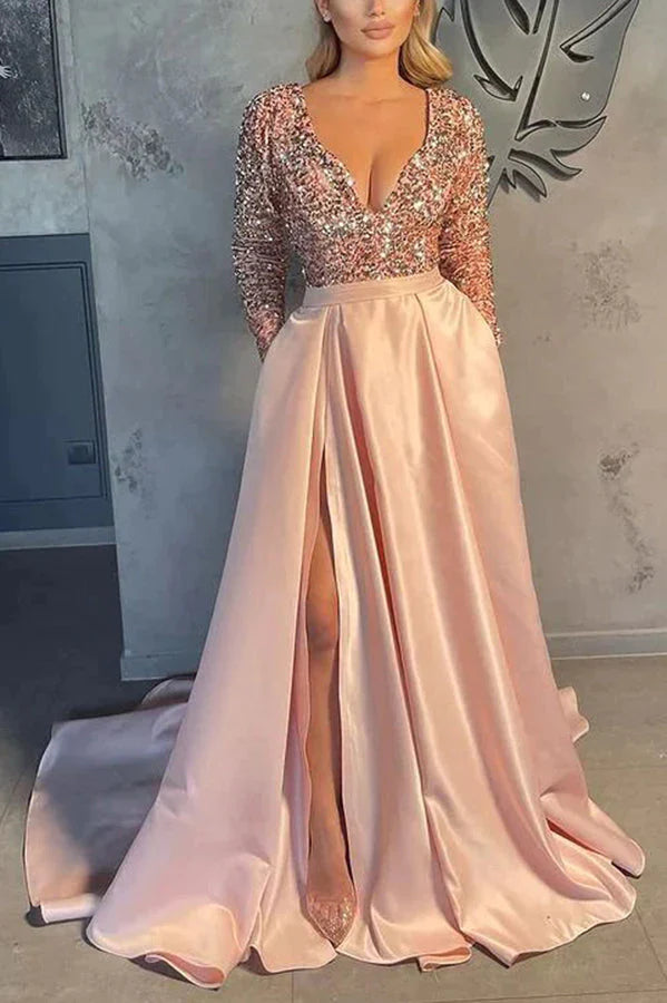 Gorgeous Long Sleeves V-Neck Sequins Satin Prom Dress - View 3 | VelvetHem