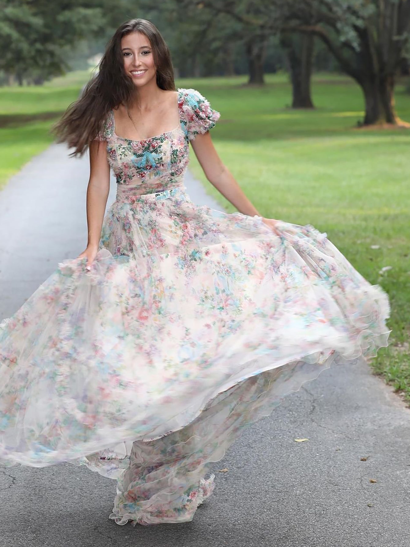 A Line Floral White Long Prom Dress - Fashionpara