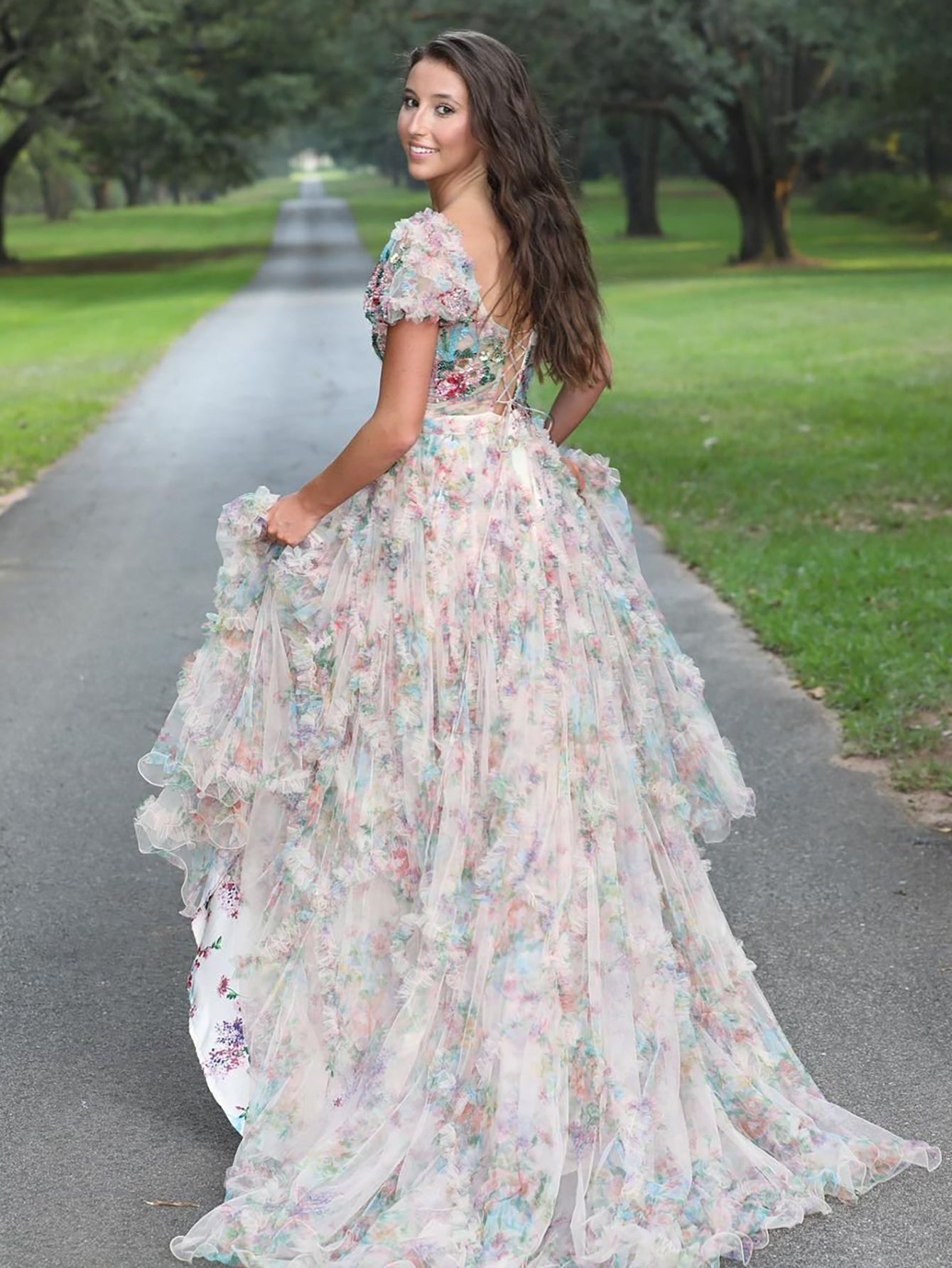 A Line Floral White Long Prom Dress - Fashionpara