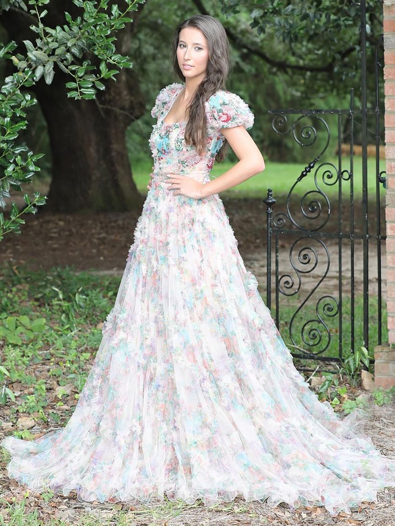 A Line Floral White Long Prom Dress - Fashionpara